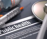 Public Health. Medical Concept with Blurred Text, Stethoscope, Pills a